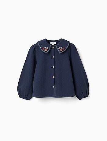 Blusa in cotone a manica lunga con fiori ricamati