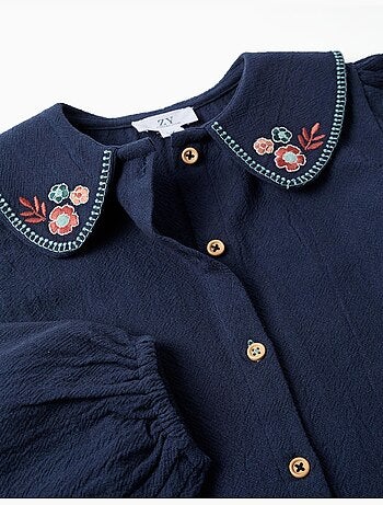 Blusa in cotone a manica lunga con fiori ricamati