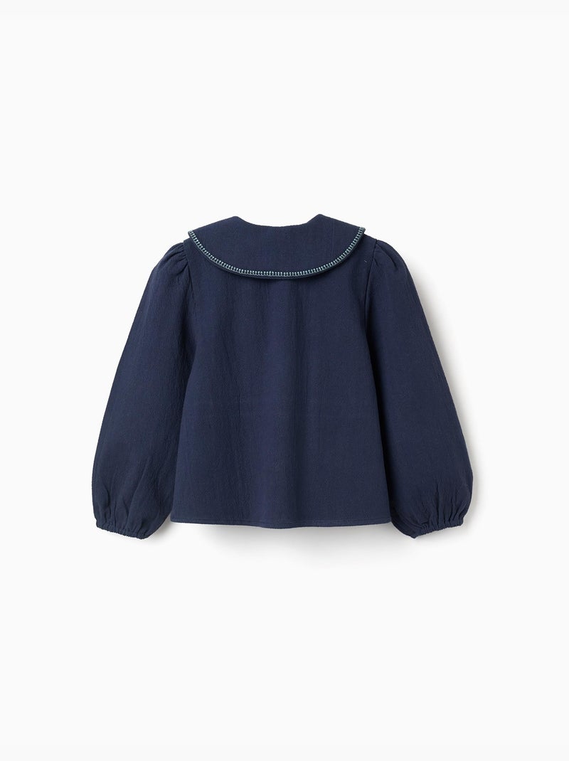 Blusa in cotone a manica lunga con fiori ricamati Blu scuro - Kiabi