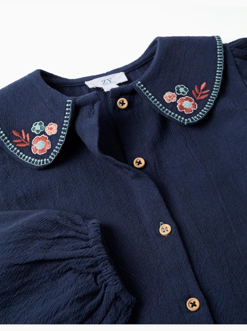 Blusa in cotone a manica lunga con fiori ricamati Blu scuro - Kiabi