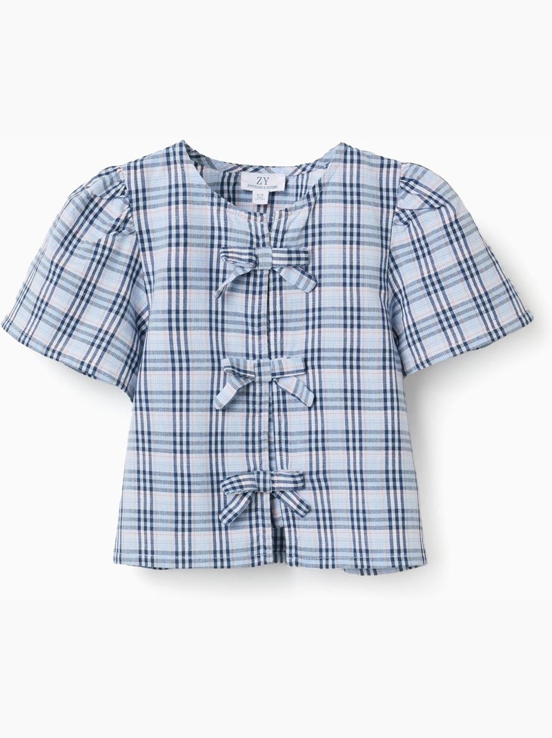 Blusa in cotone a quadri con fiocchi decorativi b&s Blu scuro - Kiabi