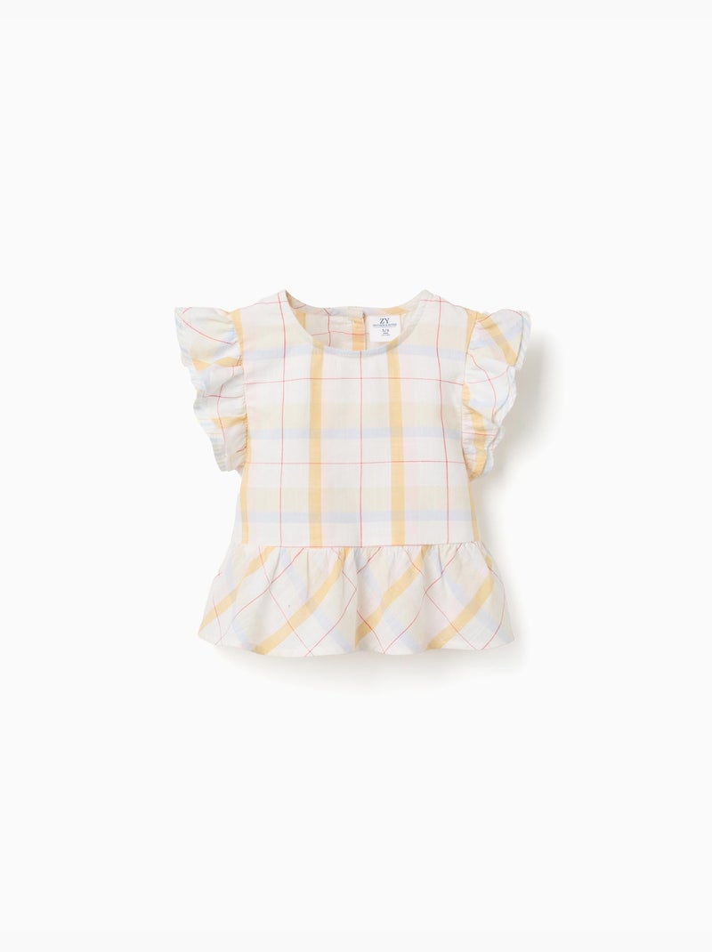 Blusa in cotone a quadri con volant B&S Bianco - Kiabi