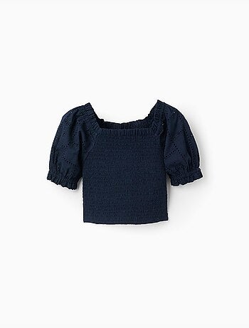 Blusa in cotone con elastico smock e volant