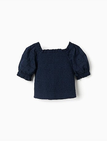 Blusa in cotone con elastico smock e volant