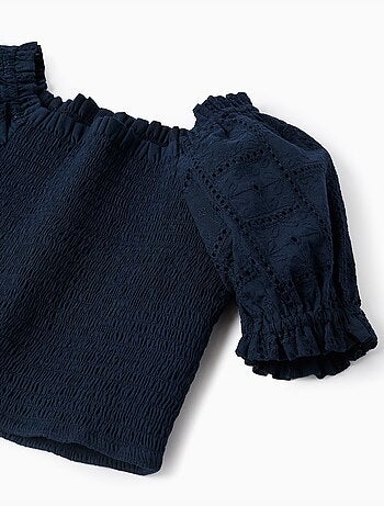 Blusa in cotone con elastico smock e volant