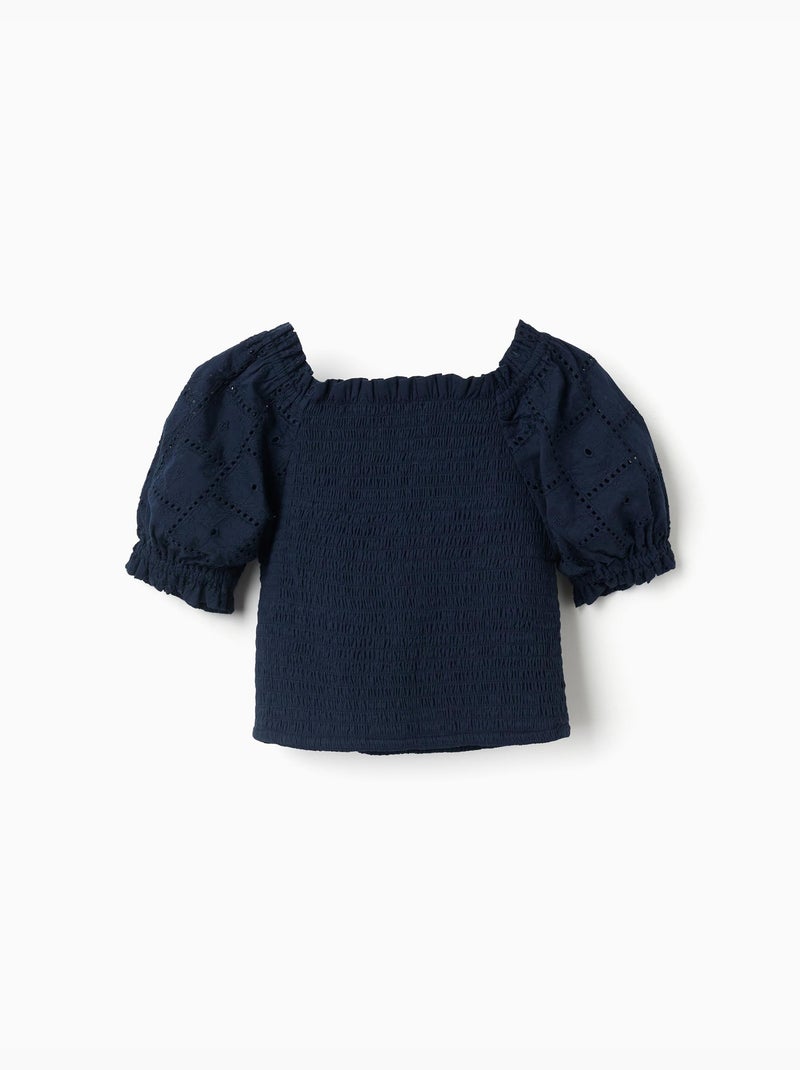Blusa in cotone con elastico smock e volant Blu scuro - Kiabi