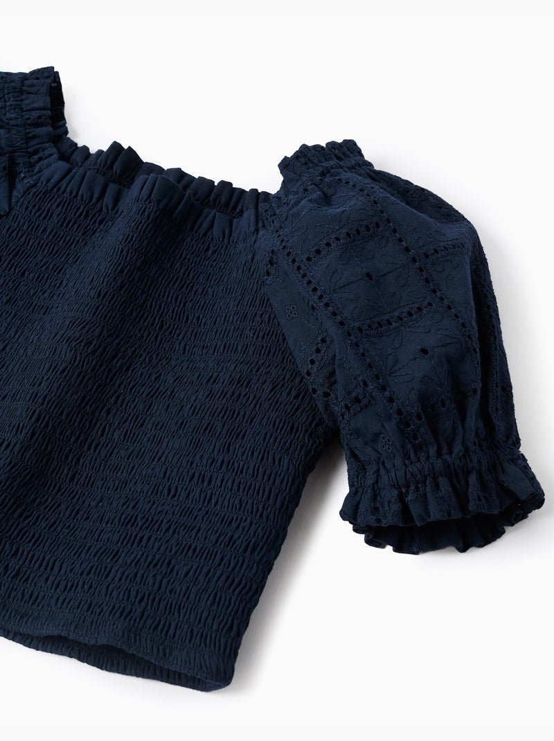 Blusa in cotone con elastico smock e volant Blu scuro - Kiabi