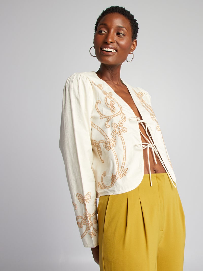 Blusa in cotone con ricami BEIGE - Kiabi