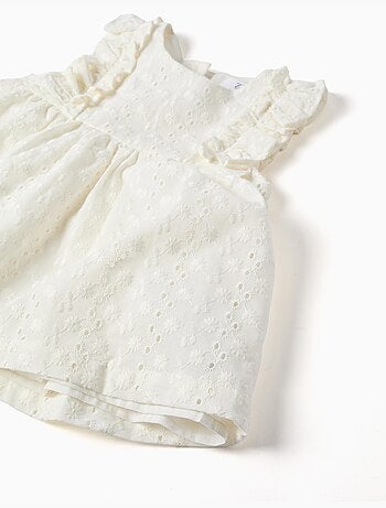 Blusa in cotone con ricamo inglese e volant