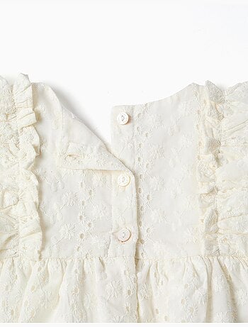 Blusa in cotone con ricamo inglese e volant