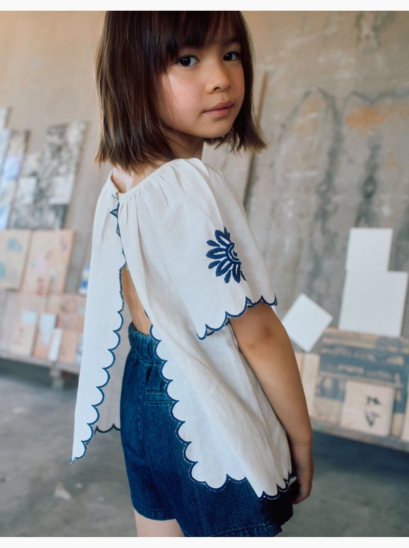 Blusa in cotone e lino con fiori Beige chiaro - Kiabi
