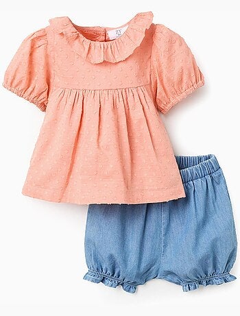 Blusa in cotone + pantaloncini in denim con volant