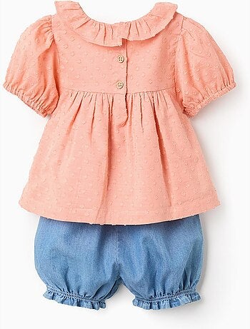 Blusa in cotone + pantaloncini in denim con volant