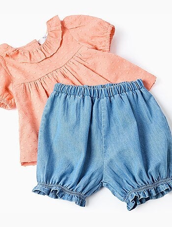 Blusa in cotone + pantaloncini in denim con volant