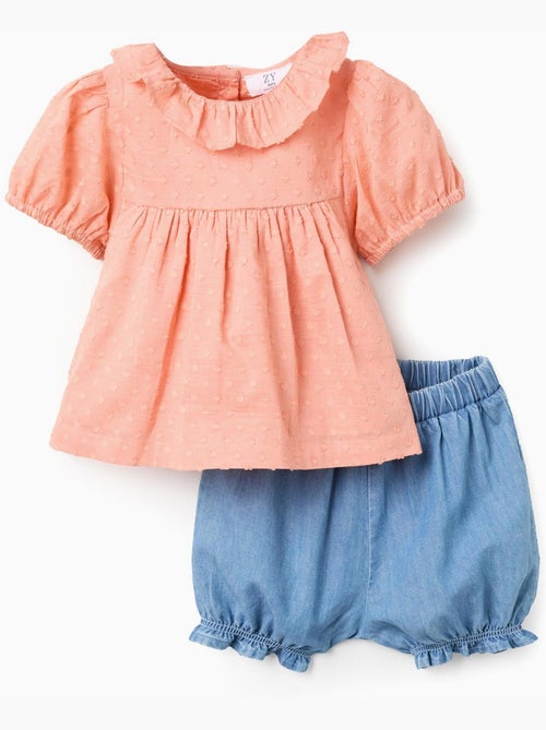 Blusa in cotone + pantaloncini in denim con volant - Kiabi