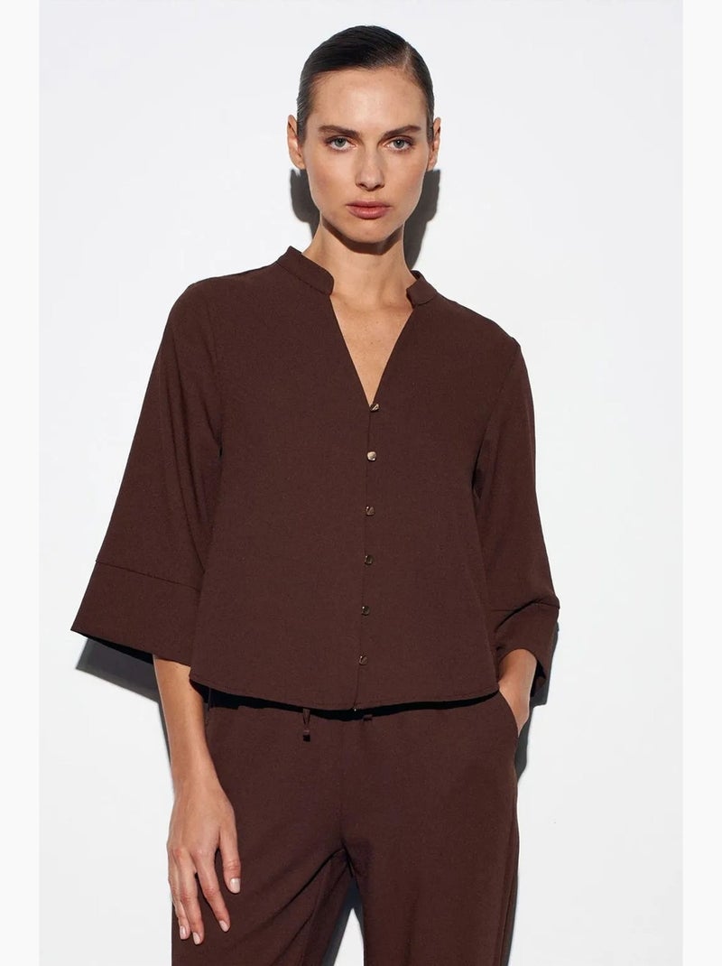 Blusa in crêpe collo alla coreana dilvin Marrone cioccolato - Kiabi