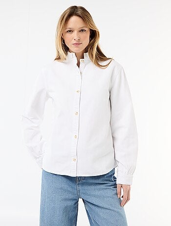 Blusa in denim con colletto a volant