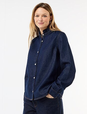 Blusa in denim con colletto a volant