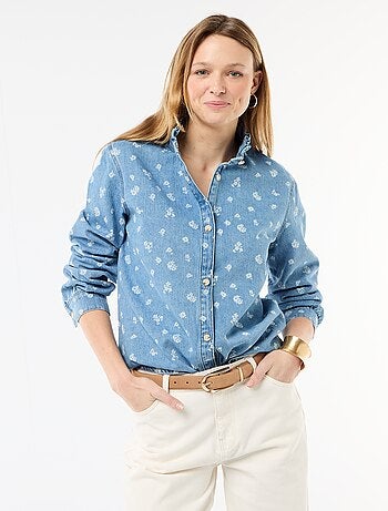 Blusa in denim con colletto a volant