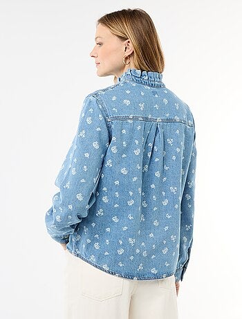 Blusa in denim con colletto a volant