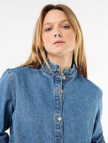 Blusa in denim con colletto a volant