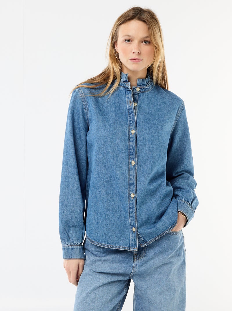 Blusa in denim con colletto a volant Blu - Kiabi