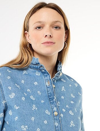 Blusa in denim con colletto a volant