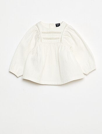 Blusa in dobby con inserto in pizzo