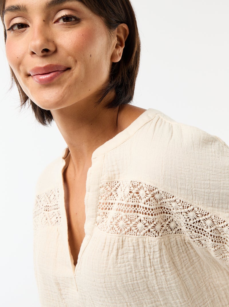 Blusa in doppia garza di cotone con ricami Bianco - Kiabi