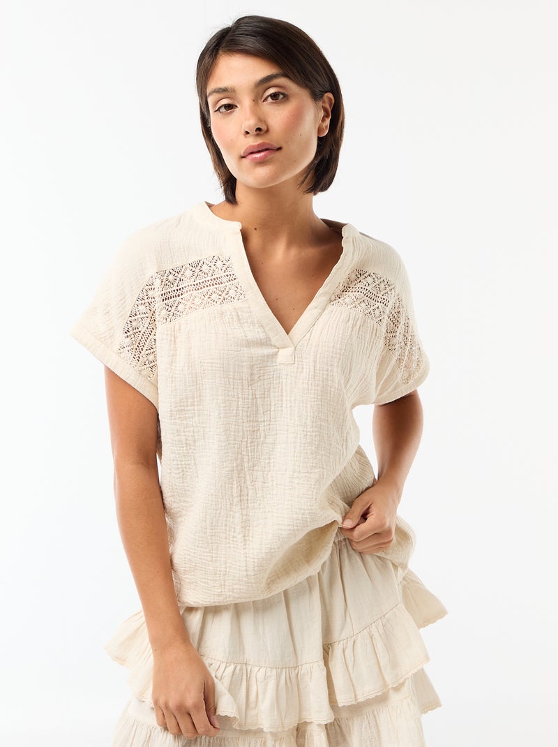 Blusa in doppia garza di cotone con ricami Bianco - Kiabi