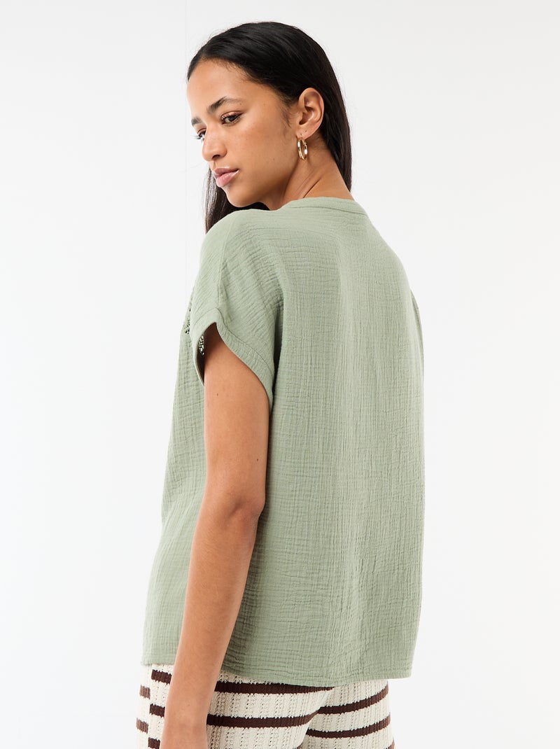 Blusa in doppia garza di cotone con ricami Blu - Kiabi