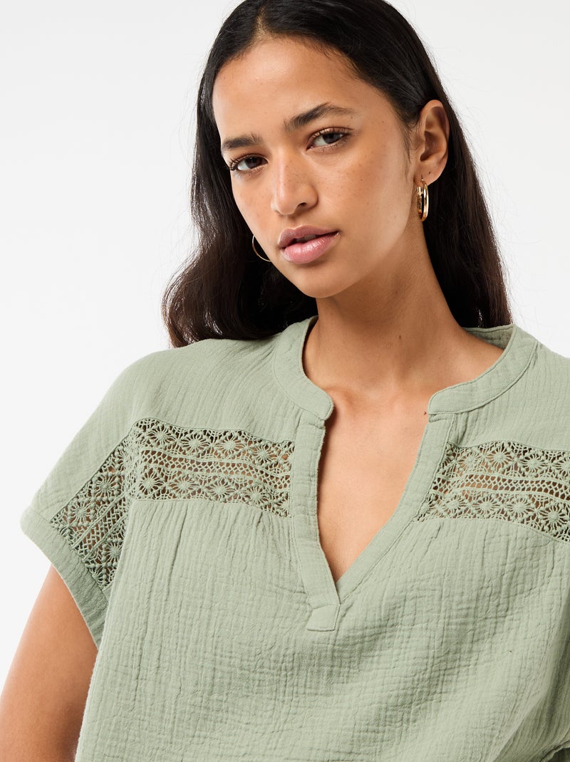 Blusa in doppia garza di cotone con ricami Blu - Kiabi