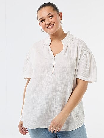 Blusa in garza di cotone con collo arricciato