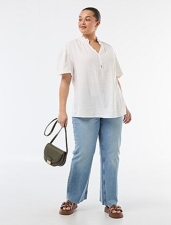 Blusa in garza di cotone con collo arricciato