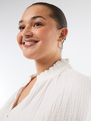 Blusa in garza di cotone con collo arricciato