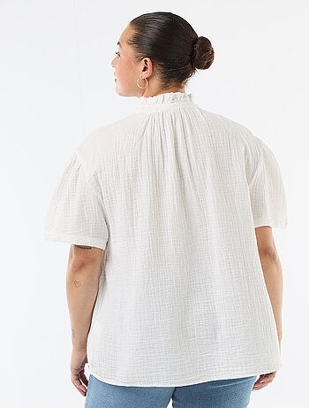 Blusa in garza di cotone con collo arricciato