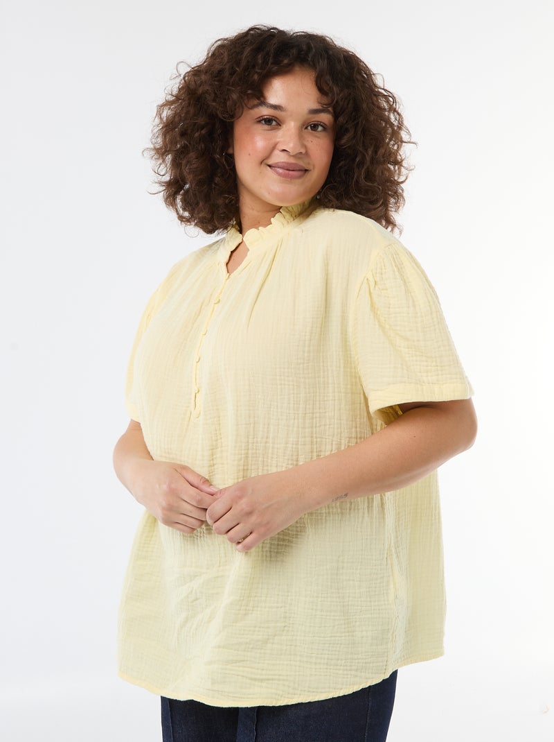 Blusa in garza di cotone con collo arricciato Giallo - Kiabi