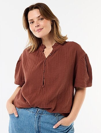 Blusa in garza di cotone con collo arricciato