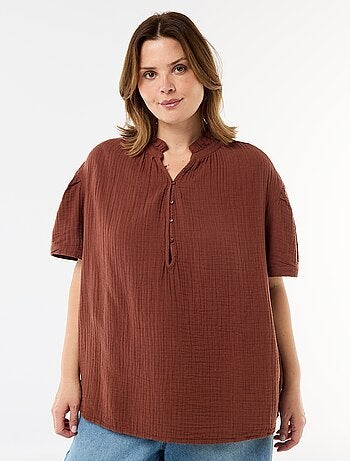 Blusa in garza di cotone con collo arricciato