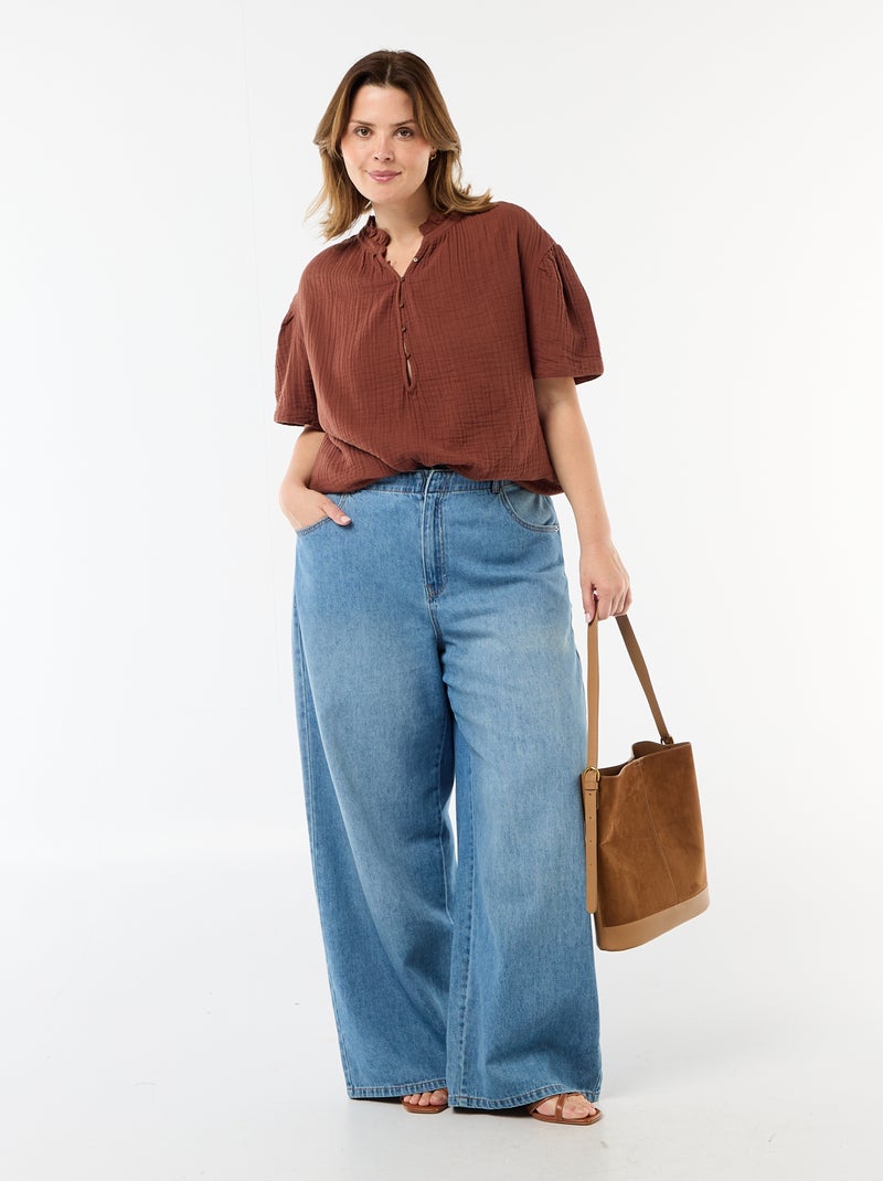 Blusa in garza di cotone con collo arricciato Marrone - Kiabi