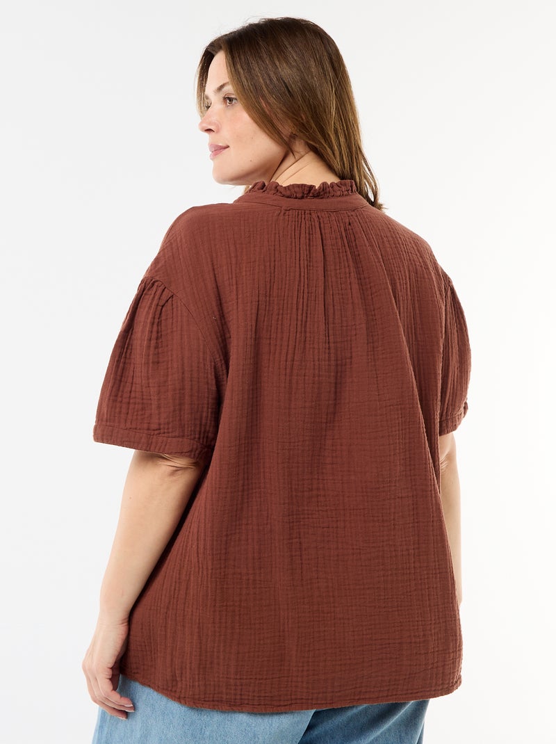 Blusa in garza di cotone con collo arricciato Marrone - Kiabi