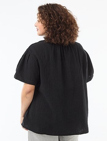 Blusa in garza di cotone con collo arricciato
