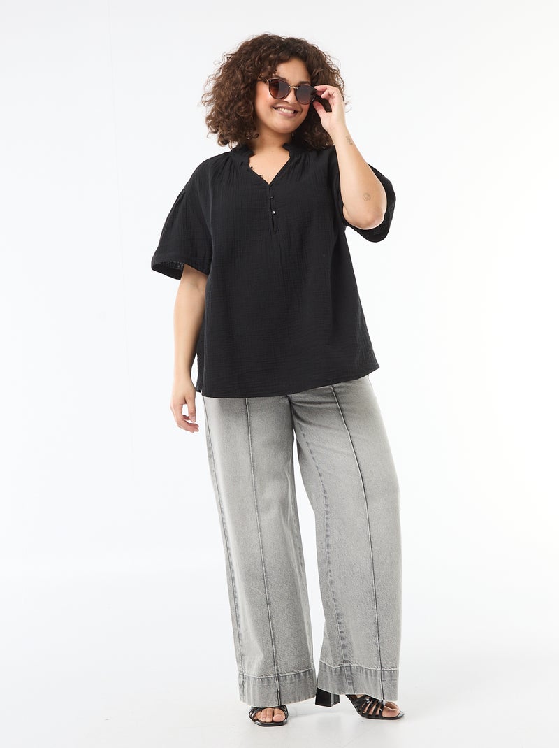 Blusa in garza di cotone con collo arricciato Nero - Kiabi