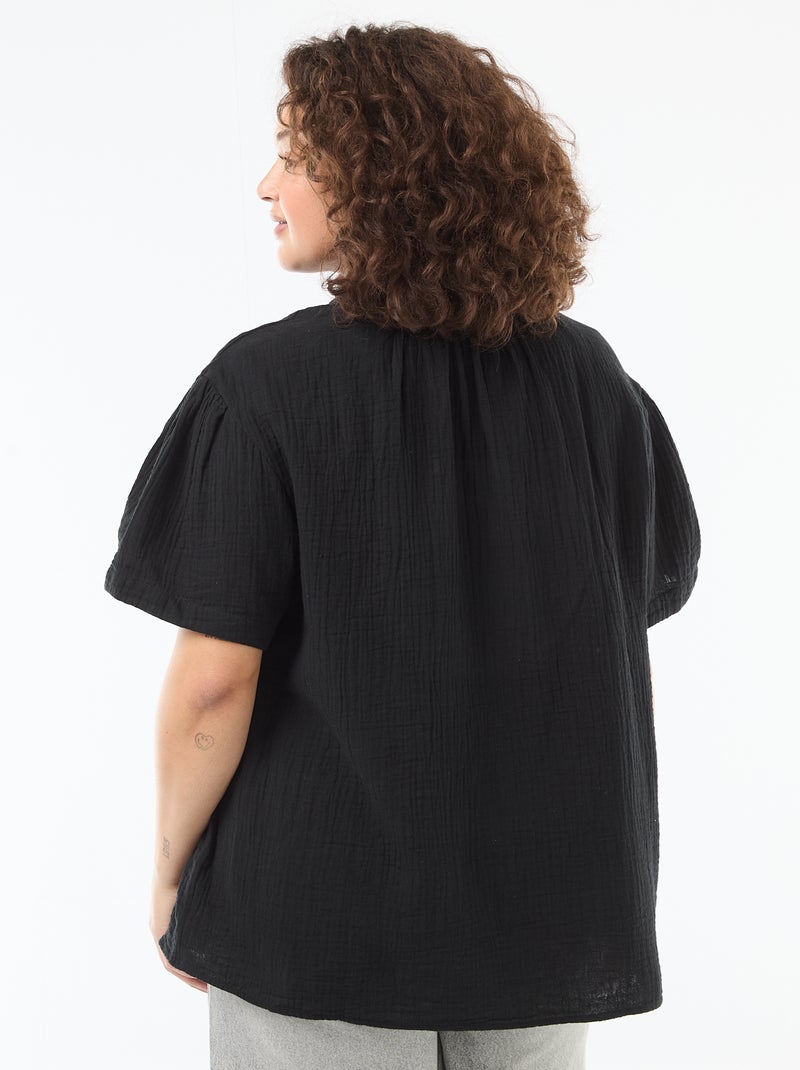 Blusa in garza di cotone con collo arricciato Nero - Kiabi