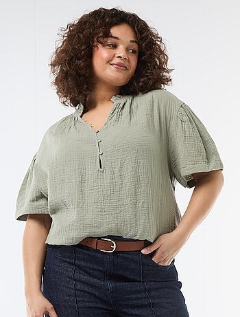 Blusa in garza di cotone con collo arricciato