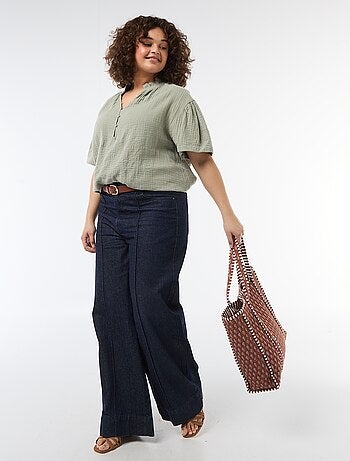 Blusa in garza di cotone con collo arricciato