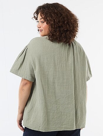 Blusa in garza di cotone con collo arricciato