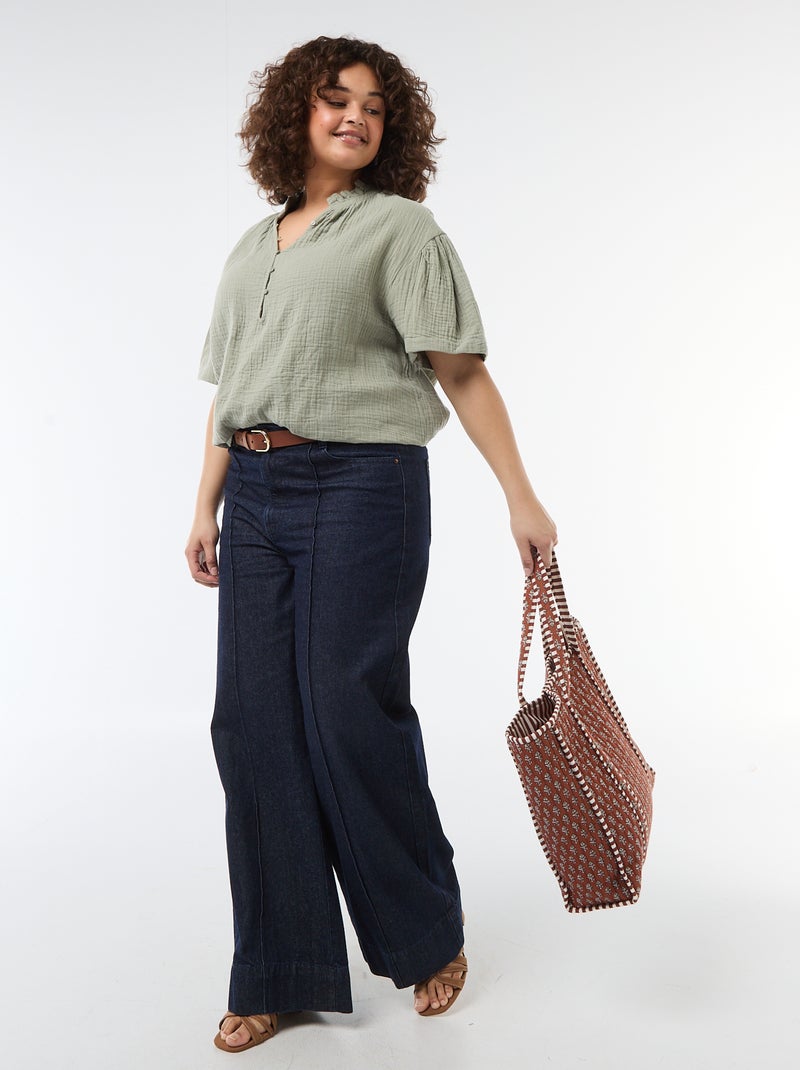 Blusa in garza di cotone con collo arricciato Verde - Kiabi