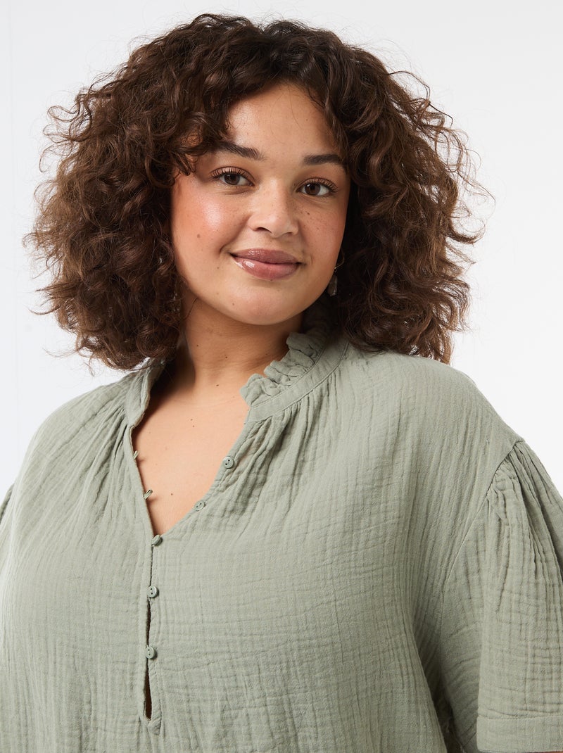 Blusa in garza di cotone con collo arricciato Verde - Kiabi