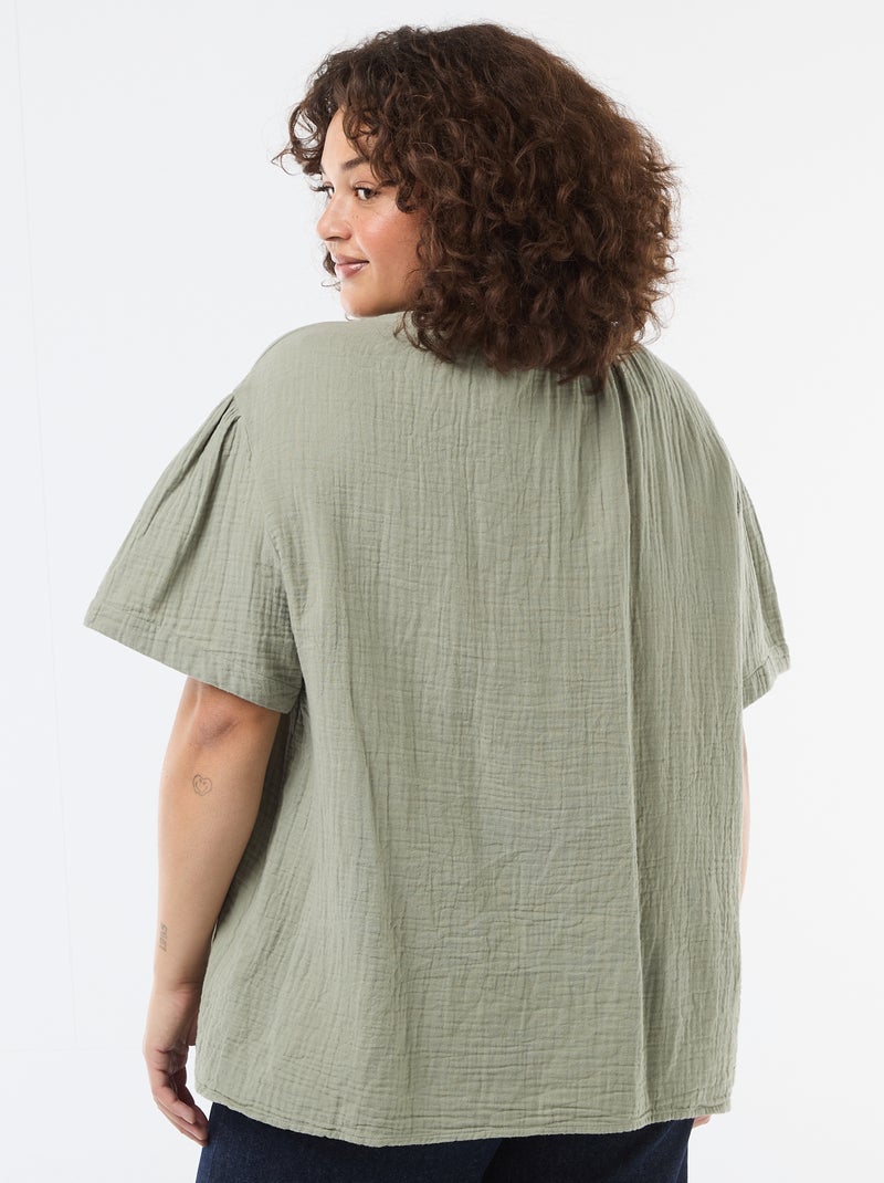 Blusa in garza di cotone con collo arricciato Verde - Kiabi
